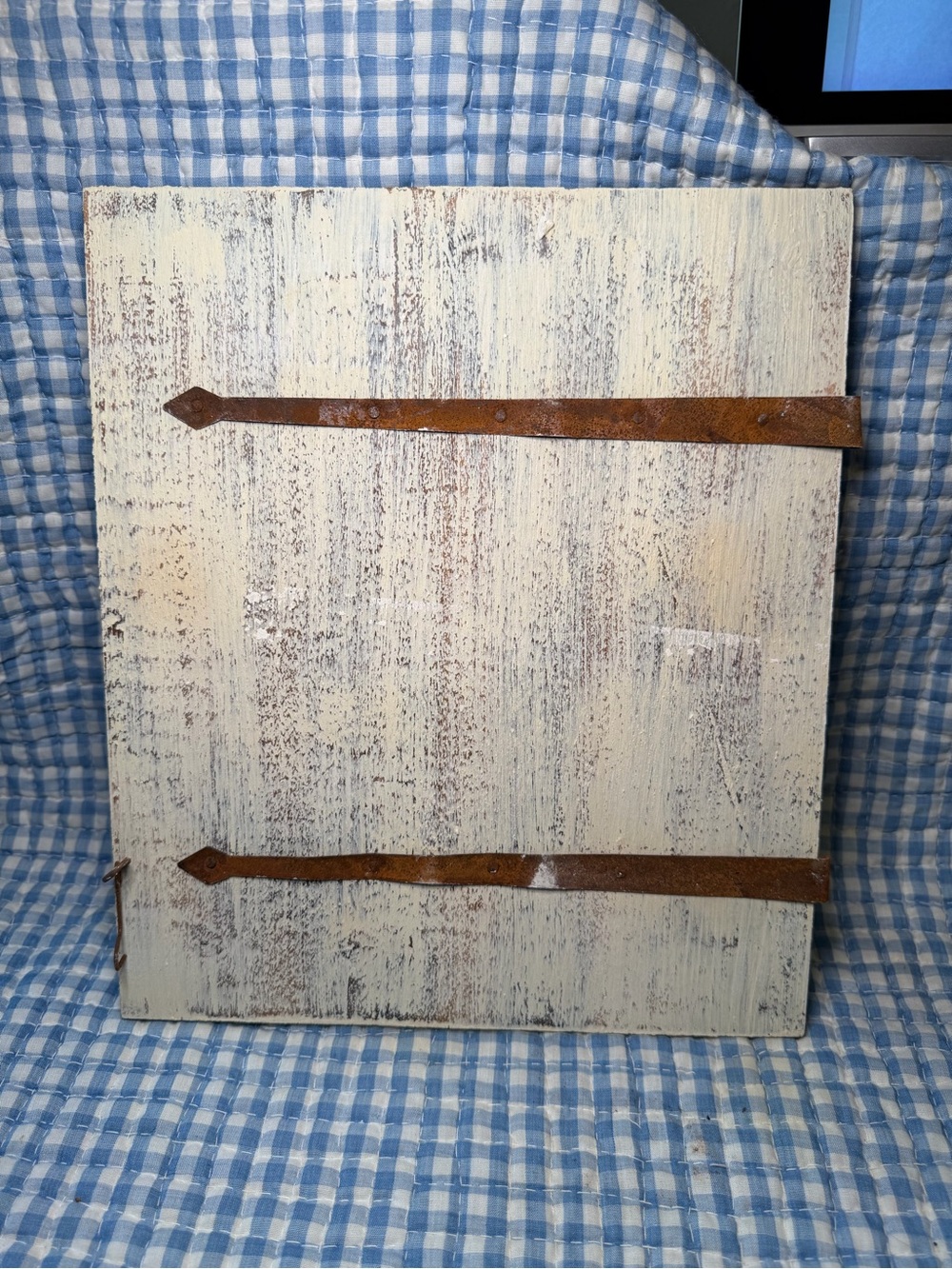 Rustic Distressed White Wood Sign Board with Faux Barn Door Hinges